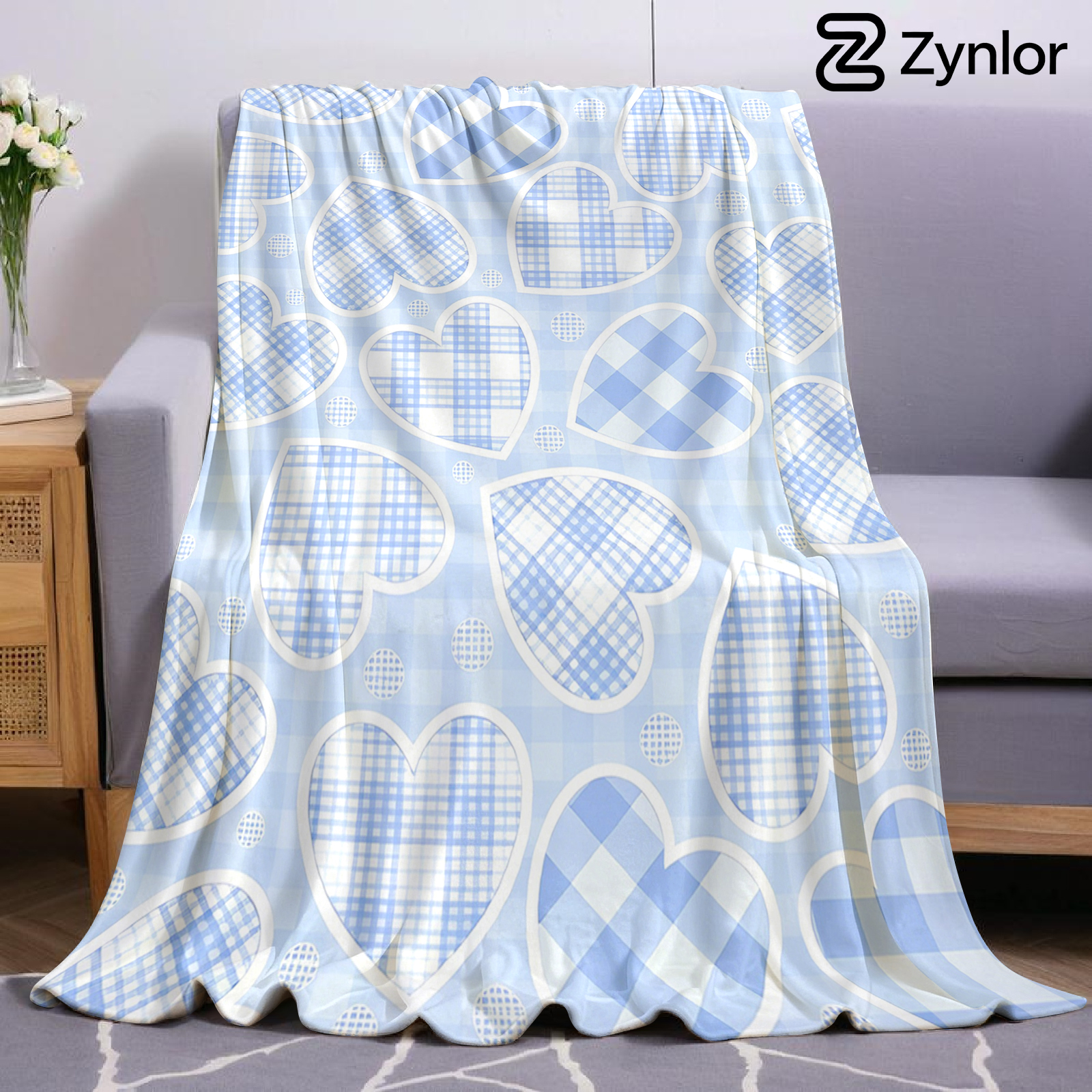 Christmas Throw Blanket - Blue Plaid Heart Cartoon Anime Print